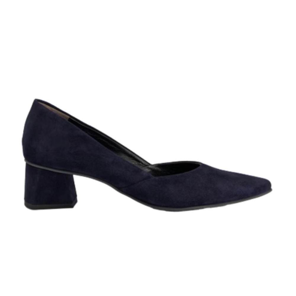 Dark Blue Suede Leather. Pointed Toe Slip On Pumps. New